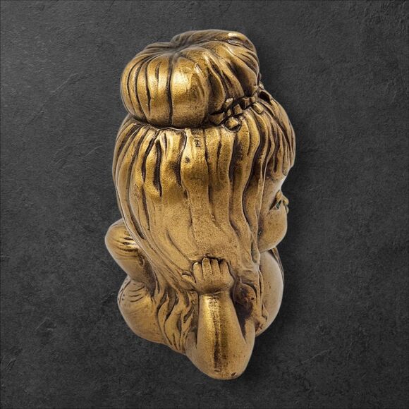 Vintage Gold Cherub Figurine w/ Green Rhinestone Eyes 8" x 6" Cottagecore Decor - Picture 3 of 10